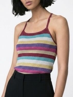 Vintage Express Metallic Knit Striped Tank Y2K Racerback Shimmer Top S Festival